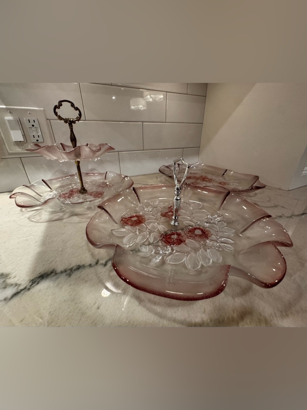 Pink Glass Floral Serving Tray Set - Picture 8 of 15